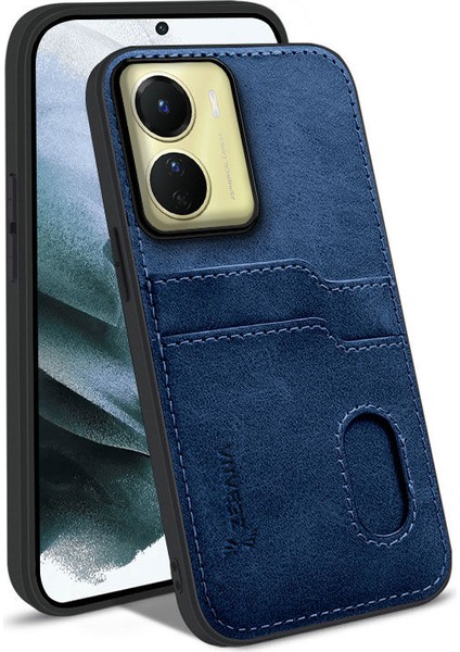 Vivo Y16 Uyumlu Kılıf Zebana Kartlıklı Lüx Deri Kılıf Lacivert