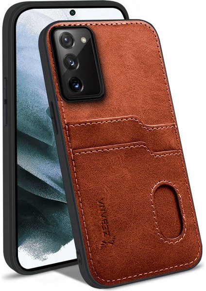 Samsung Galaxy Note 20 Uyumlu Kılıf Zebana Kartlıklı Lüx Deri Kılıf Kahverengi
