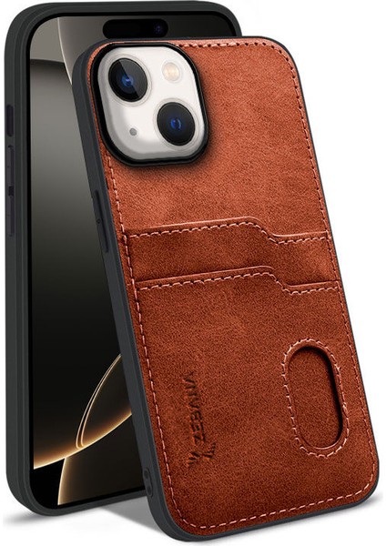 Apple iPhone 14 Plus Uyumlu Kartlıklı Lüx Deri Kılıf Kahverengi modelleri