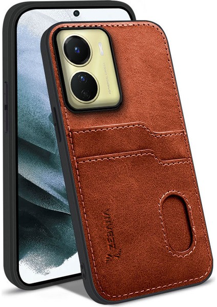 Vivo Y16 Uyumlu Kılıf Zebana Kartlıklı Lüx Deri Kılıf Kahverengi