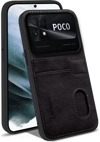 Xiaomi Poco C40 Uyumlu Kılıf Zebana Kartlıklı Lüx Deri Kılıf Siyah