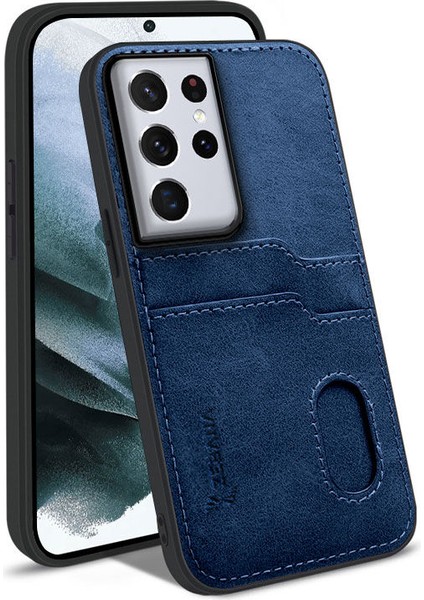 Samsung Galaxy S21 Ultra Kılıf Zebana Kartlıklı Lüx Deri Kılıf Lacivert indirimleri