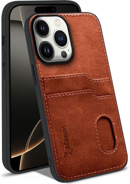 iPhone 16 Pro Max Uyumlu Kılıf Kartlıklı Lüx Deri Kılıf Kahverengi modelleri