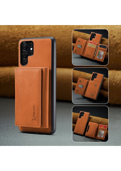 Samsung Galaxy S22 Ultra Uyumlu Kılıf Zebana 2in1 Elite Class Cüzdanlı Deri Kılıf Kahverengi