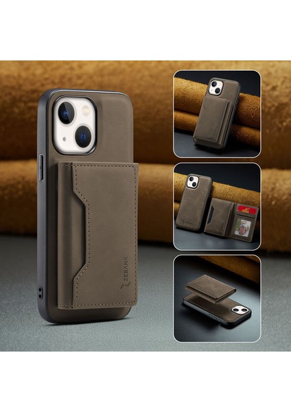 Apple iPhone 13 Uyumlu Kılıf Zebana 2in1 Elite Class Cüzdanlı Deri Kılıf Koyu Kahverengi