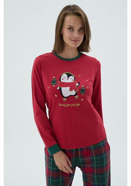 Kadın Kırmızı Uzun Kollu Penguen Baskılı Kareli Pijama Takımı C6T4N371
