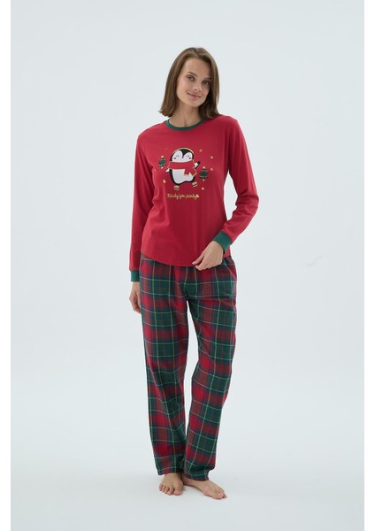 Kadın Kırmızı Uzun Kollu Penguen Baskılı Kareli Pijama Takımı C6T4N371 modelleri