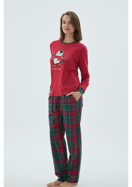 Kadın Kırmızı Uzun Kollu Penguen Baskılı Kareli Pijama Takımı C6T4N371 fırsatları