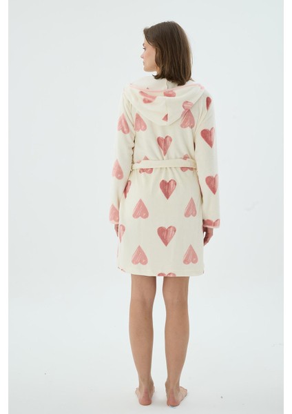 Kadın Kalp Desenli Kuşaklı Polar Krem Kısa Sabahlık C7T8N271 fırsatları