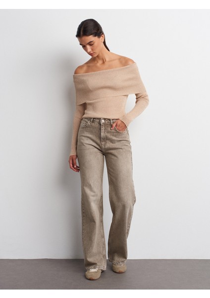 10808 Bardot Yaka Fitilli Simli Triko Kazak-Bej indirimleri