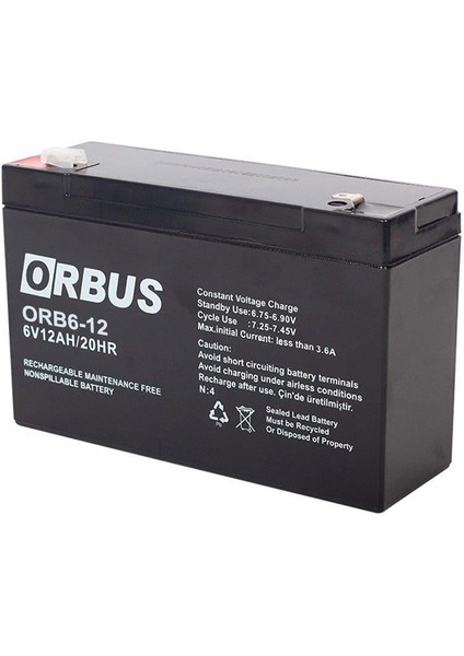 6 Volt 12 Amper Kuru Akü Orb6-12 (150X50X94 Mm)