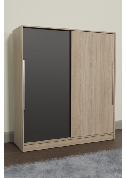 AE-4001 Zambak Sürgülü Dolap Çok Raflı Çekmeceli Askılı Sonomo Kasa (Gri-Sonomo Kapaklı) Gardırop