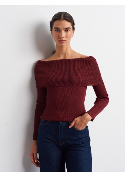 10808 Bardot Yaka Fitilli Simli Triko Kazak-Bordo