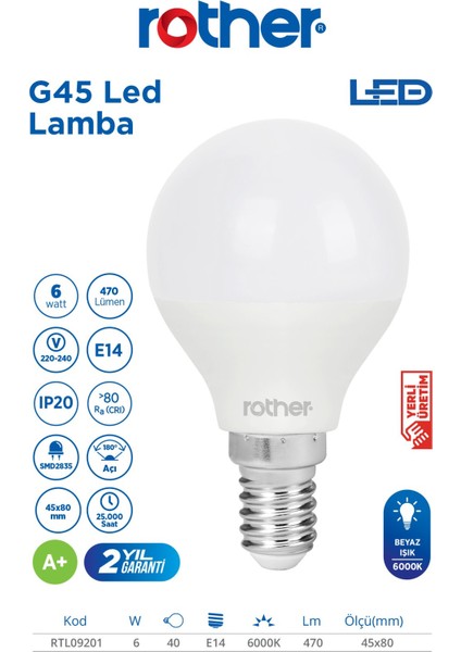 RTL09201-10 Rother G45 LED Ampul 6W E14 470 Lümen 6000K Beyaz Işık Enerji Tasarruflu Ampul 10 Adet