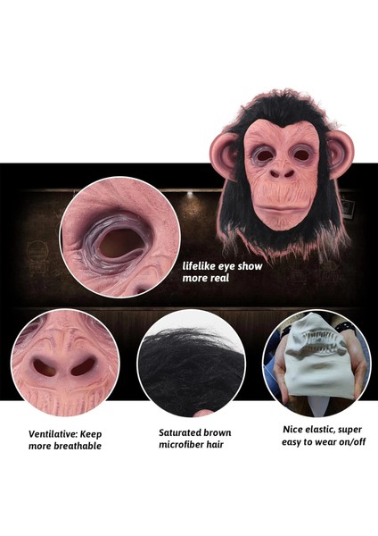 Siyah Saçlı Kafaya Tam Geçmeli Lateks Şempanze Maskesi - Lateks Maymun Orangutan Goril Maske Et Maske fırsatları