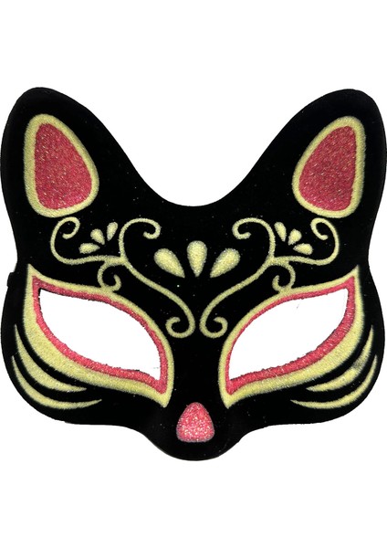 Siyah Renk Süet Kaplama Üzeri Kırmızı Sarı Simli Kedi Maskesi 17X14 cm fırsatları