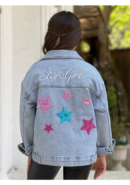 Kız Çocuk Yıldız Pul Payet Işlemeli Kot Ceket-Jeans Ceket/kot Mont-Jeans Mont