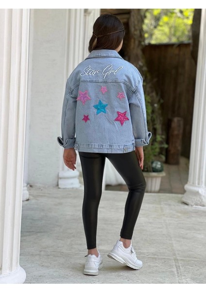 Kız Çocuk Yıldız Pul Payet Işlemeli Kot Ceket-Jeans Ceket/kot Mont-Jeans Mont