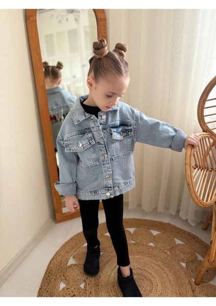 Kız Çocuk Nakış ve Taş Işlemeli Kot Ceket-Jeans Ceket/kot Mont-Jeans Mont fırsatları