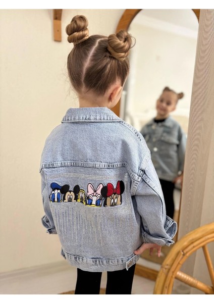 Kız Çocuk Nakış ve Taş Işlemeli Kot Ceket-Jeans Ceket/kot Mont-Jeans Mont