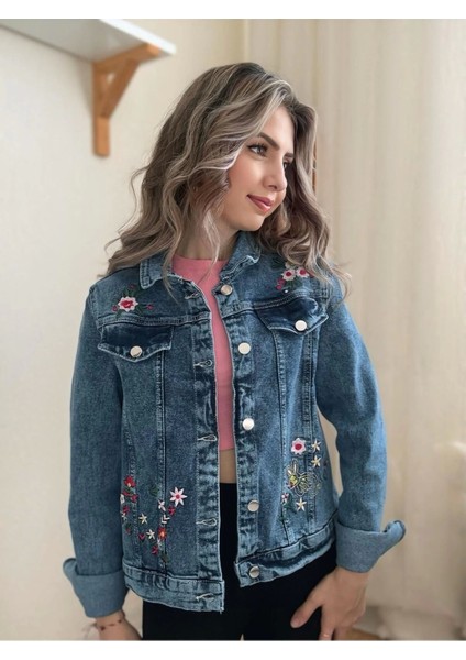 Anne-Kız Çocuk Çiçek Nakışlı Kot Ceket-Jeans Ceket/kot Mont-Jeans Mont modelleri