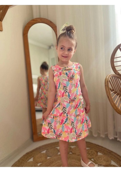 Kız Çocuk Flamingo Desenli Renkli Yazlık Elbise-Bayramlık