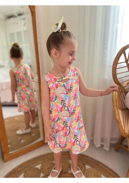 Kız Çocuk Flamingo Desenli Renkli Yazlık Elbise-Bayramlık