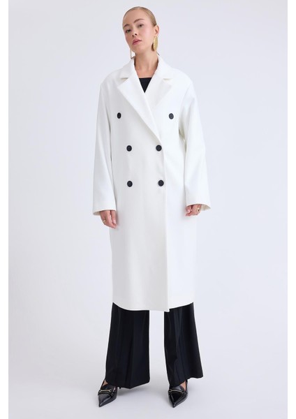 Kruvaze Kapama Düğmeli Uzun Kaşe Kaban