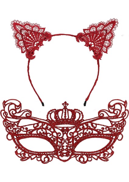 Lüks Kırmızı Dantel Taçlı Maske Seti 2 No - Parti, Balo, Kostüm Aksesuarı fiyatları