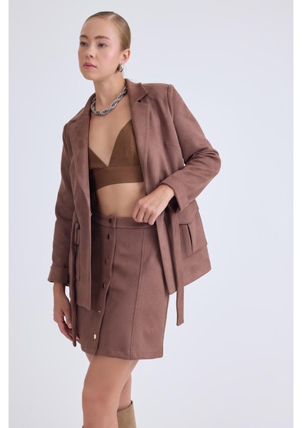 Önü Düğmeli Mini Süet Etek