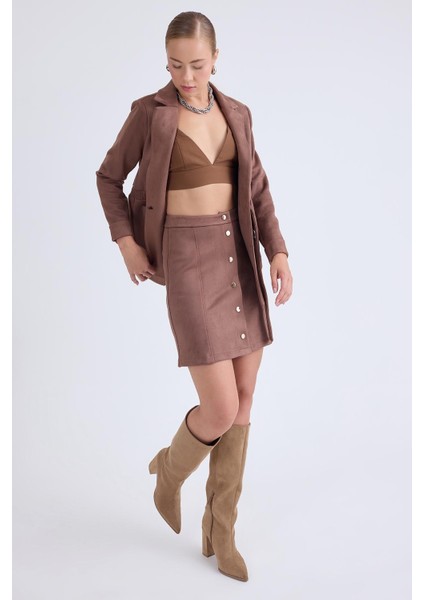 Önü Düğmeli Mini Süet Etek modelleri