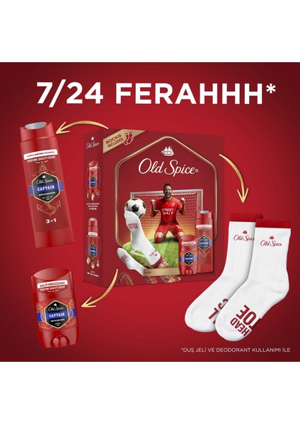 Footballer Hediye Seti: Captain Deodorant stick 50 Ml, duşjeli 250 Ml ve çorap indirimleri
