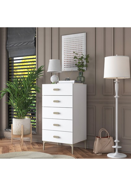 BE106 Şifonyer 5 Çekmeceli Yatak Odası Bebek Odası Beyaz