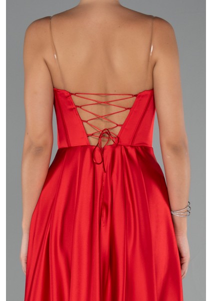 Straplez Yırtmaçlı Cut Out Uzun Saten Abiye ABU5246 fırsatları