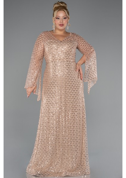 Uzun Kol V Yaka Boncuklu Büyük Beden Abiye ABU5243