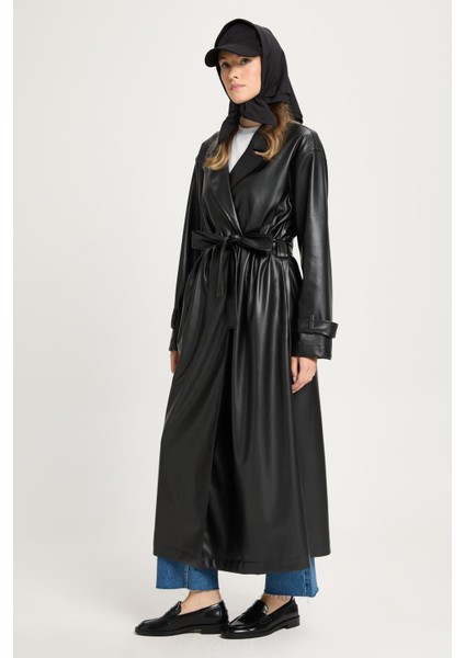 Kadın Siyah Oversize Astarsız Tam Boy Deri Trench 30022