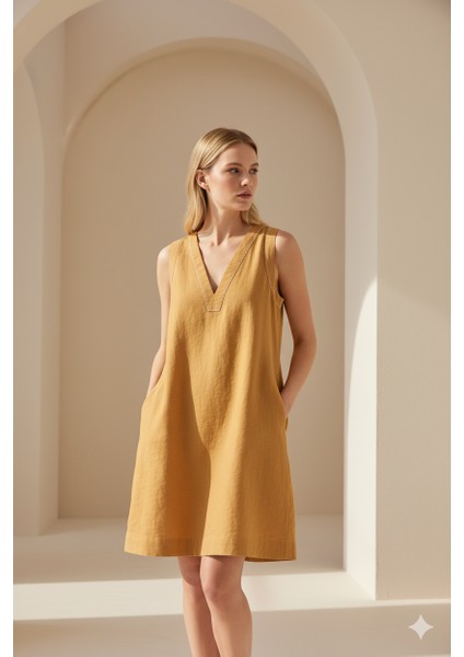 Nina Kadın Askılı Kısa Günlük Elbise Keten ve TENCEL™ Hardal