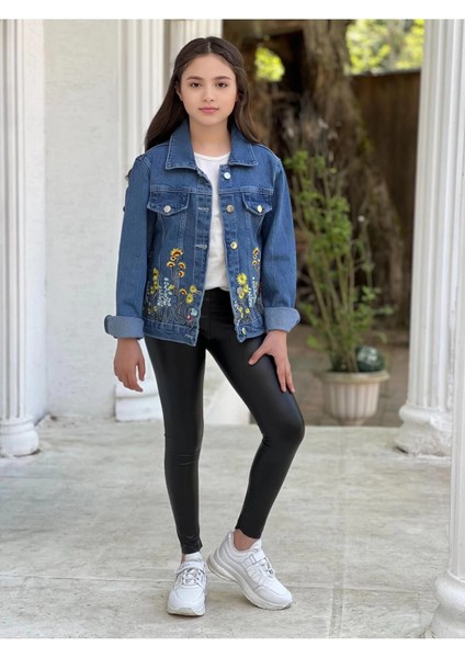 Kız Çocuk Çiçek Nakışlı Kot Ceket-Jeans Ceket/kot Mont-Jeans Mont