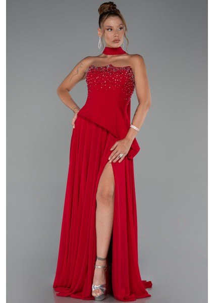 Taşlı Straplez Yırtmaçlı Şallı Uzun Şifon Abiye ABU5280