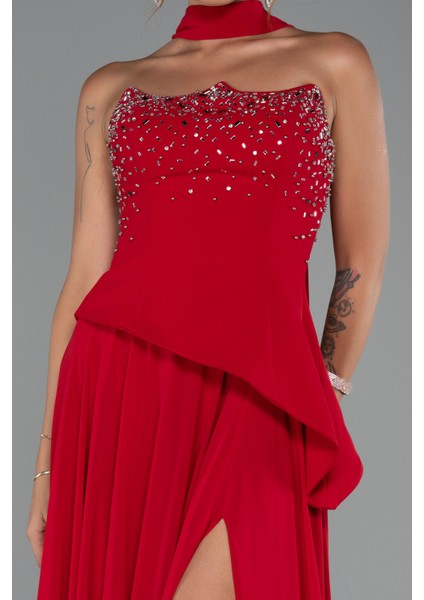 Taşlı Straplez Yırtmaçlı Şallı Uzun Şifon Abiye ABU5280 modelleri