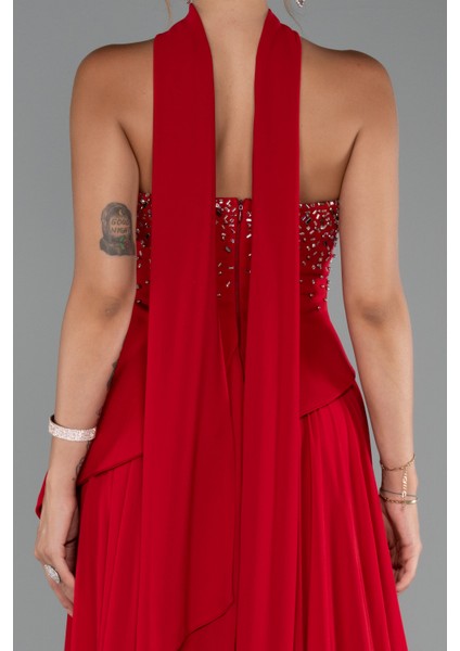 Taşlı Straplez Yırtmaçlı Şallı Uzun Şifon Abiye ABU5280 fırsatları