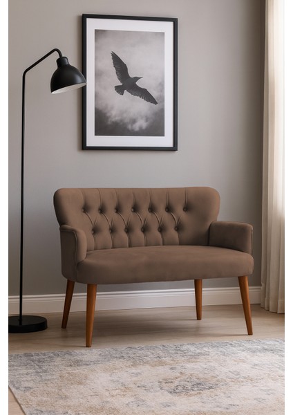 - Roma Modern Ikili Koltuk Kanepe - Babyface Kumaş - Ahşap Ayak - Kahverengi