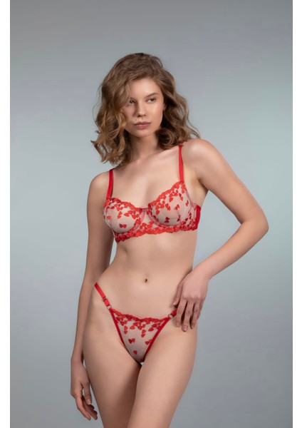 Kalp Desenli Transparan Dantel Sütyen Takımı Desteksiz Balenli 75B-90B