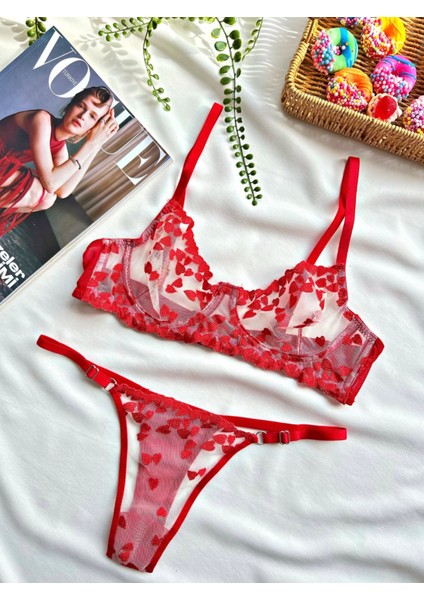 Kalp Desenli Transparan Dantel Sütyen Takımı Desteksiz Balenli 75B-90B modelleri