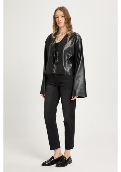 Siyah Deri Önden Bağlamalı Kısa Ceket Kimono 30023 indirimleri