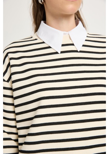 Kadın Çizgili Oversize Siyah Krem Sweatshirt 30010 fiyatları