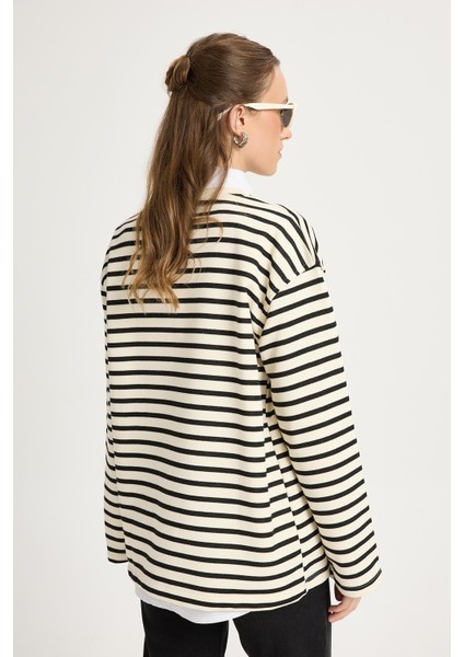 Kadın Çizgili Oversize Siyah Krem Sweatshirt 30010 modelleri