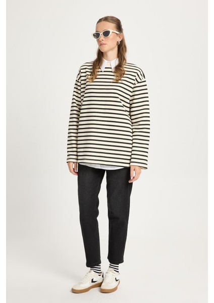 Kadın Çizgili Oversize Siyah Krem Sweatshirt 30010 fırsatları