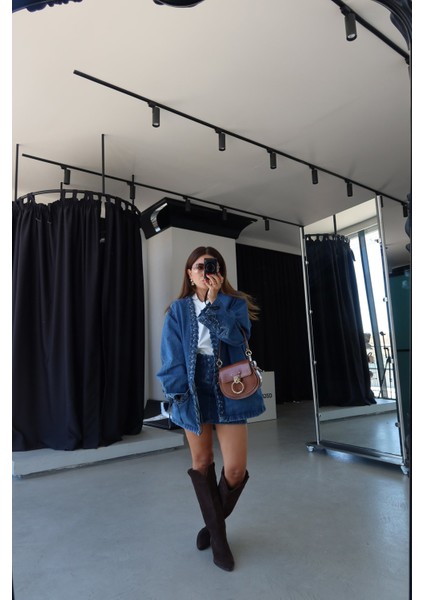 Kuş Gözlü Denim Ceket Etek Takım