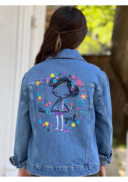 Kız Çocuk Çiçek Nakışlı Kot Ceket-Jeans Ceket/kot Mont-Jeans Mont